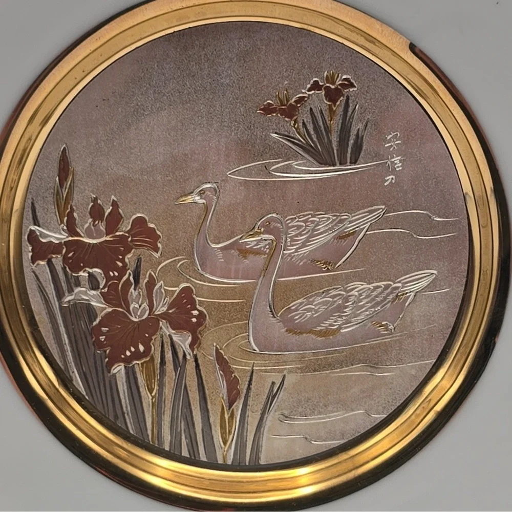 Japanese Collector Plate - Swan & Iris Floral Birds - 24KT Gold - Round